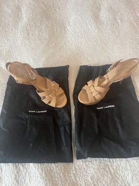 Saint Laurent Nude/Tan Leather Woven Strappy Heels